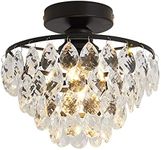 YYJLX Modern Small Crystal Ceiling Light Fixture Mini Black Semi Flush Mount Chandelier Light Fixture for Hallway Bedroom Bathroom Closet e26