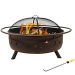 Sunnydaze Cosmic 42-Inch Wood-Burning Steel Fire Pit with Round Spark Screen, Poker, and Built-in Grate - Rust Patina