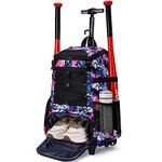 AI EN JIU Softball Bag, Baseball Rolling Bat Bag - Wheeled for Youth Girls Adult, Lightweight Baseball Equipment Backpack with Shoe Compartment, Bat Backpack with Fence Hook for TBall Bat, Helmet