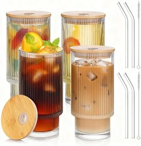 Salpae 4 Pack Glass Cups with Lids and Straws, 16oz Ribbed Drinking Glasses Tumblers Durable Drinkware Water Glasses Cup Ideal Gift for Home, Kitchen, Office