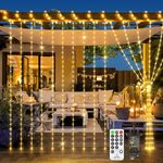 Curtain Fairy Lights Plug in 300 LED 3 mx 3m Christmas Lights Remote Timer 8 Modes Waterproof String Lights for Bedroom Wall Window Wedding Patio Fences Doors Xmas Indoor Outdoor Decoration Warm White