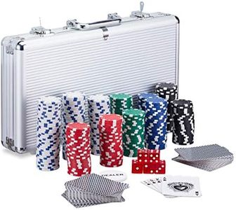 Relaxdays Poker Set, 300 Fiche, 2 Mazzi di carte, 5 Dadi, Dealer Button, Valigetta in Alluminio richiudibile, argento