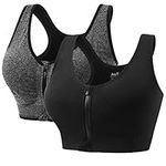 AoToZan 2 Pack Women Sports Bras High Impact Seamless Wireless Padded Yoga Bralette, Zip Front Fastening Workout Running Gym Top Bra (Black Grey, L)