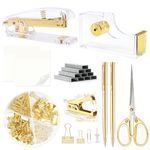 Gold Office Supplies,Gold Desk Accessories,Stapler and Tape Dispenser Set with Stapler,Tape Dispenser, Staple Remover, Staples, Clips,Scissor,Ballpoint Pen and Sticky Notes,Gifts for Office Clerks