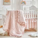 3 Pieces Tufted Stripes Crib Bedding Set with Ruffle Fringe, Pink Ruffled Comforter with Fitted Sheet and Bed Skirt, Soft and Embroidery Shabby Chic Boho Bohemian Jacquard Design for Baby Girls Boys