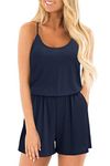 STYLEWORD Womens Summer Beach Playsuits Solid Colour Spaghetti Strap Casual Short Jumpsuit Rompers with Pocket(Navy,XL)