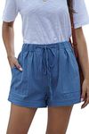 YOCUR Women's Shorts Cotton Linen Drawstring Waist Baggy Pleating Casual Beach Shorts Outdoor Recreation Short Pants Dusty Blue S