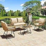 YITAHOME 4-Piece Patio Furniture Wicker Outdoor Bistro Set, All-Weather Rattan Conversation Loveseat Chairs for Backyard, Balcony and Deck with Soft Cushions and Metal Table (Light Brown+Beige)
