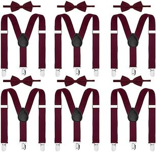 6 Set Men Suspender and Bow Tie Set Bulk Pack Y Back Y Shape Adjustable Elastic Suspender for Adult Boy Women, Wine Red