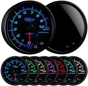 GlowShift Tinted 7 Color 10,000 RPM Tachometer Gauge - for 1-10 Cylinder Gas Powered Engines - Built-in Shift Light - Mounts in Custom Dashboard - Black Dial - Smoked Lens - 3-3/4" 95mm