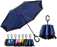 LANBRELLA Umbrella No Drip Umbrella Double Layer Inverted Umbrella C Shaped Handle Windproof Compact Folding-F1.7.Pin Strip Navy Blue