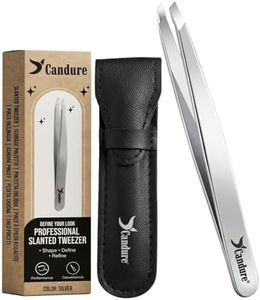 Candure Professional Slanted Tweezers for Men and Women – Precision Stainless Steel Tweezer for Brow, Chin, Facial Hair, Ingrown Hair & Plucking with Leather Pouch (Silver)