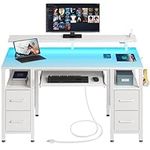 Seventable Computer Desk 47.2" with LED Lights & Power Outlets, Home Office Desk with 4 Drawers, Writing Desk with Keyboard Tray, Study Desk with Monitor Stand, Work Desk for Home Office, White