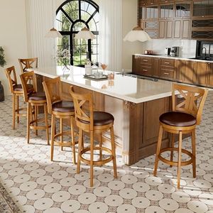 PHI VILLA 30 inch Bar Height Stools Set of 6, Swivel Bar Stools with Back, Wooden Bar Chairs Tall Faux Leather Kitchen Stools