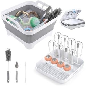 Yecuip Collapsible Baby Bottle Wash Basin w/Drying Rack & Drain Plug, Gray | 2.4 Gallon Foldable Dish Tub w/Handles,Portable RV Camping Sink & Space-Saving Wash Bin with Lid for Kitchen,Travel & Outdoor