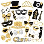 30Pcs Party Photo Booth Props, Black Gold Mask Glasses Hat Tie Beard Photo Props, Party Props for Adults with 32 Bamboo Sticks, 60 Glue Dots for Graduation Prom Party Supplies