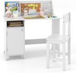 Costzon Kids Desk and Chair Set, Wooden Children Study Table with Hutch, Cabinet, Bulletin Board, Student Computer Workstation Writing Table for Bedroom, Study Room, Gift for Boys Girls 3+ (White)