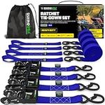 Rhino USA Ratchet Tie Down Straps (Set of 4) - 2000kg Max Break Strength, 4cm x 2.4m Heavy Duty Tie Downs with Hooks (4pcs) - Strap for Furniture Moving & Securing Cargo - Blue