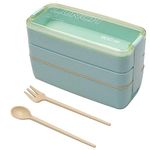 3 Layer Compartment Food Container Lunch Box with Spoon and Fork Stackable Leakproof Lunch Box Meal Prep Container 900ml Food Storage Box (Green)