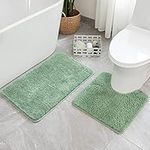 MIULEE Microfiber Bathroom Rugs Sets 2 Pieces Extra Thick Non Slip Bath Mat and U-Shaped Contour Toilet Rug for Bath Room Floor Restroom, 20"x30"+20"x20", Green