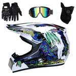 Youth Full Face MTB Motocross Helmet Set, Dual Sport Off-Road ATV Scooter Motorbike Helmet, Unisex Downhill Quad Dirt Bike Helmet, with Goggles Gloves Mask, D.O.T Certified(White,M/54-55CM)