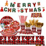 SelfTek 195 Pcs Christmas Party Supplies Tableware Set, Disposable Dinnerware Christmas Buffalo Plaid Plates Cups Napkins Tablecloth Party Supplies for Xmas Party(Serves 24 Guests)