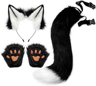 Juego de guantes de piel sintética con orejas de gato de zorro, diadema y cola – Lindo disfraz de gato con orejas peludas, cola y patas, disfraz de animal para Halloween, Navidad, carnaval, cosplay,