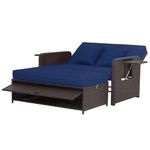 COSTWAY Garden Rattan Daybed, 4-Level Adjustable Patio Wicker Loveseat Sofa Bed Sun Lounger with Storage Ottoman, Retractable Tray & Cushions, Outdoor Double Conversation Furniture (Navy+Mix Brown)