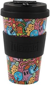 IDRINK®- Tasse à café en RPET avec ouverture et bouchon en silicone, facile à transporter Tasse à emporter de 435 ml en plastique recyclé 8,7 x 8,7 x 15 cm 435 ml (DOODLE)