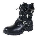 MeiLuSi Lace up Military Combat Boots for Women Fashion Chain Studded Pearl Motorcycle Ankle Booties with Side Zipper