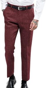 Ceehuteey Men's Retro Dress Suit Pants Thick Wool Flat Front Herringbone Tweed Trousers(Burgundy, 36W x 32L)