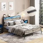 Halitaa LED Full Size Bed Frame with Charging Station, Platform Metal Headboard Storage & USB Ports Outlets, Farmhouse Lights for Bedroom, Noise Free, Wash Grey (Full)