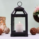 HOSLEY Classic Style Glass Iron Lantern with One Pillar Candle|Black Iron Hanging Lantern|Diwali Decor|Diwali Decoration for Home|Candle Holders for Home Decor|Pack of 1 (12 Inch Long)