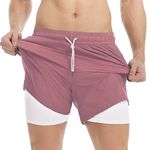 MaaMgic Mens Swim Trunks with Compression Liner 2 in 1 Swimming Shorts Stretch 7" Swimwear Quick Dry Bathing Suits,Pink+White,Large