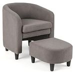 Giantex Modern Mid Century Accent Chair with Ottoman, Upholstered Sherpa Club Chair w/Soft Teddy Velvet, Solid Wood Frame, Comfy Barrel Chair for Small Spaces, Living Room, Bedroom (Grey)