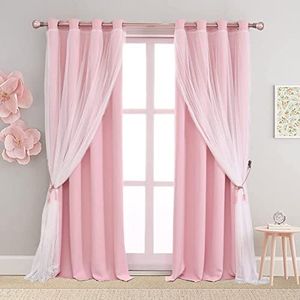 SOFJAGETQ Pink Double Layer Curtains 90 Inch Length- Mix and Match Pink Blackout Curtains with White Sheer Voile for Bedroom and Living Room, Pink Light Blocking Curtains, 52 x 90 inch