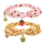 YUDOTE Bowtie Cat Collar with Bell 2 Pack Stylish Breakaway Kitten Collars with Removeable Bowknot,Yellow Bee & Pink Strawberry