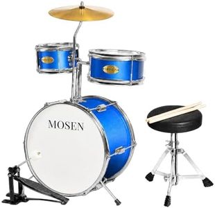 MOSEN Drum Set for Kids, 3-Piece Beginner Drum Kit with 14" Bass Drum, Tom Snare Drums, Adjustable Throne, Cymbal, Pedal & Drumsticks, Drums for Junior Kids Ages 5-9 - Blue