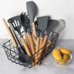 Oren Empower Set of 12 Pcs Silicone Spatula with Wooden Handle/Kitchen Utensil for Cooking, Baking & Mixing/Non-Stick BPA Free/Heat Resistant Item, Flexible Cookware Tools with Holder- Dark Grey