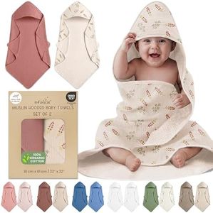 infancie Organic Cotton Muslin Baby Hooded Towels - 32x32 Inch, 2 Pack Newborn Bath Towels for Boys & Girls, Soft & Absorbent Bath Set (Pink/Floral)