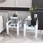 Glass Side Table 2-Tier Modern Glass Top Corner Table Living Room Side Table with Metal Leg for Living Room, Dining Room, Bedroom (White 2pcs)