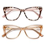 LKEYE Oversized Reading Glasses Women Cat Eye Computer Blue Light Blocking Reader Stylish Ladies Designer Fashion Large Unbreakable Eyewear 2pack Champagne Tortoise Pink LK6042 1.25+ Strength