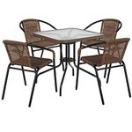 Flash Furniture 28'' Square Glass Metal Table with Dark Brown Rattan Edging and 4 Dark Brown Rattan Stack Chairs