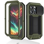 MIYIYQP Compatible for iPhone 15 Pro 5G Case, Aluminum Metal Gorilla Glass Shockproof Military Heavy Duty Sturdy Protector Cover,with Sliding Camera Cover and Built-in Foldable Kickstand(Green-Ⅱ)