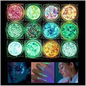 Fluorescente Paillettes Gel, 12 Colori Fluoreszierendes Glitzer, Set Glitter Iridescent, Fluorescente Paillettes per Corpo, Viso, Occhi, Capelli, Trucco, Musicali Feste, Halloween, Natale
