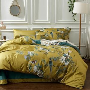 mixinni Garden Style Cotton Flowers and Birds Pattern Printed Gold Duvet Cover Reversible Design Peacock Blue 3 Piece Bedding Duvet Set with Buttons, Perfect for Him and Her-Queen Size