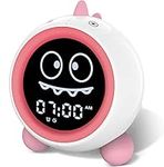 Kids Alarm Clock, Toddler Sleep Training Clock with Night Lights, Sound Machine, Time to Wake Dinosaur Alarm Clock for Children (Pink)