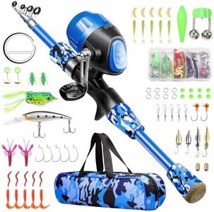 Gamashino Kids Fishing Pole - Telescopic Fishing Rod and Reel Combo Kit - Fishing Gear, Fishing Lures, Carry On Bag, 70 Set Fully Fishing Equipment - for Boys, Girls, Youth (Blue, 4.92)