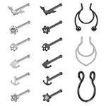 ZS 20G Corkscrew Nose Rings Surgical Steel L-Shaped Nose Studs Bat Skull Nose Bone Stud Nose Piercing Jewelry for Women (12pcs bone+3pcs fake)