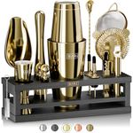 BARE BARREL® Cocktail Making Kit | 16-Piece Bartender Kit Cocktail Shaker Set Maker | Bamboo Display Stand & 35 Recipe Cards | Mixology Cocktail Gift Set (800ml/28oz Boston Shaker, Gold/Black)